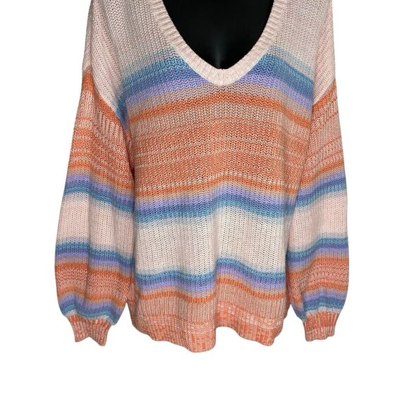 Loft Sweater Womens L Pastel Striped V-Neck Pullover Boho Preppy Slouchy Casual - Picture 6 of 11